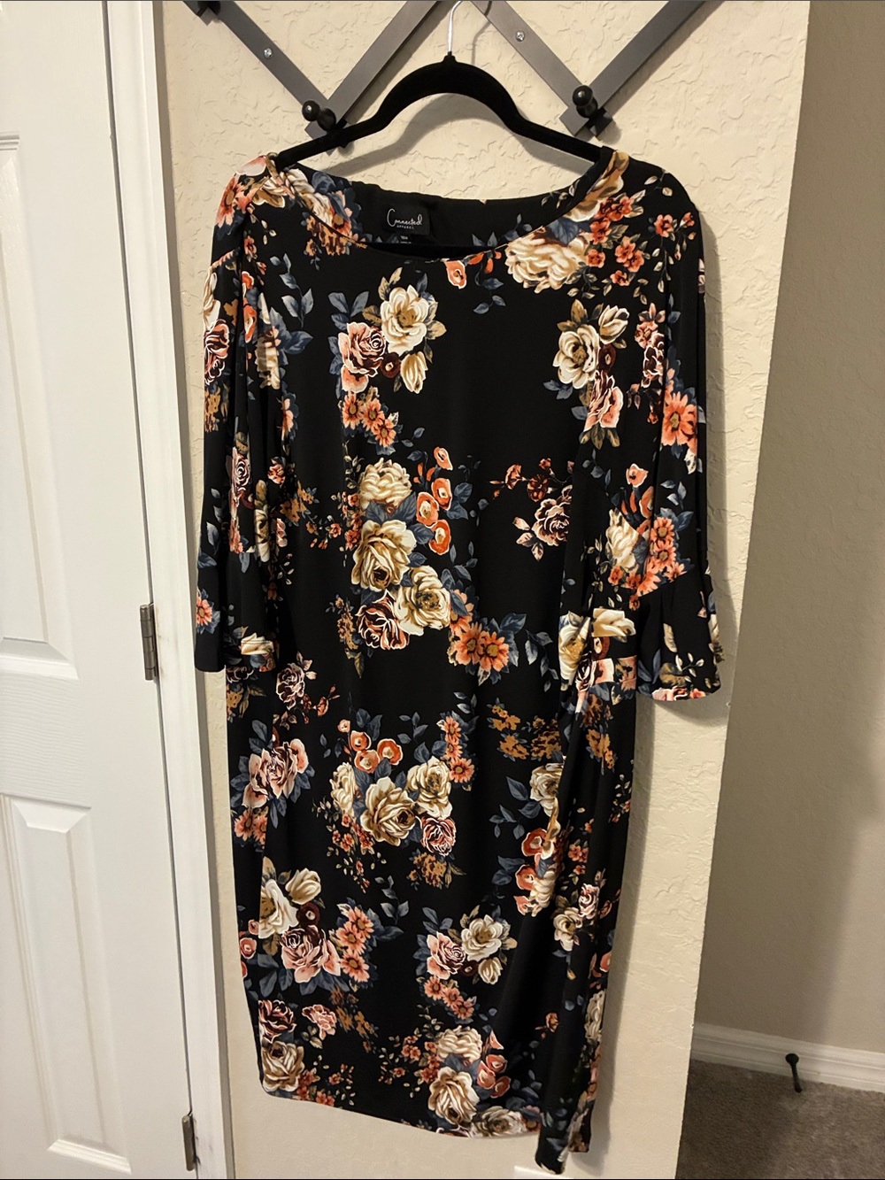 connected apparel Black Floral Midi Dress with Peach & Cream Blooms